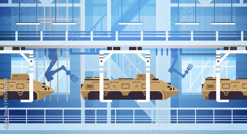 armored fighting vehicle AFV on assembly conveyor line with robot arms special battle transport military equipment production