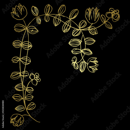 Blooming vine. Decorative floral corner element. Stylized branch with leaves and flowers. Medieval illuminated manuscript botanical motif. Hand drawn linear doodle rough sketch. Golden silhouette on b