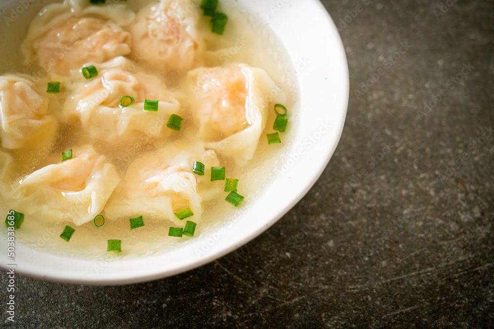 shrimp dumpling soup in white bowl shrimp dumpling soup in white bowl