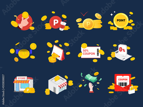 event coin bundle illustration set. paper, store, coupon, money, cash. Vector drawing. Hand drawn style.