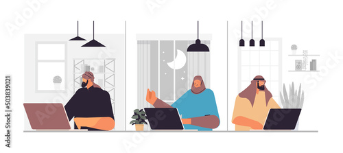 arab businesspeople using laptops digital addiction social media communication teamwork concept