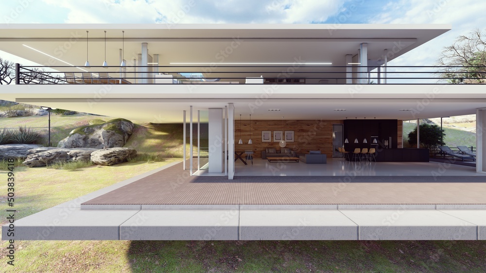 Obraz premium modern luxury house elevation door opened architecture design 3d illustration