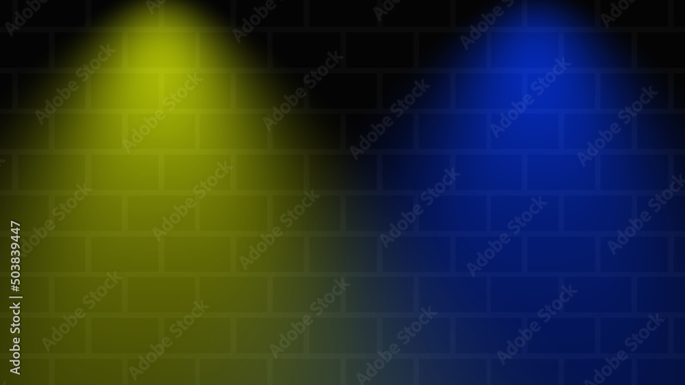 Empty brick wall with the color blue vs yellow neon spotlight. Lighting effect blue yellow color glow on brick wall background. Royalty high-quality free stock of lights blank background for texture