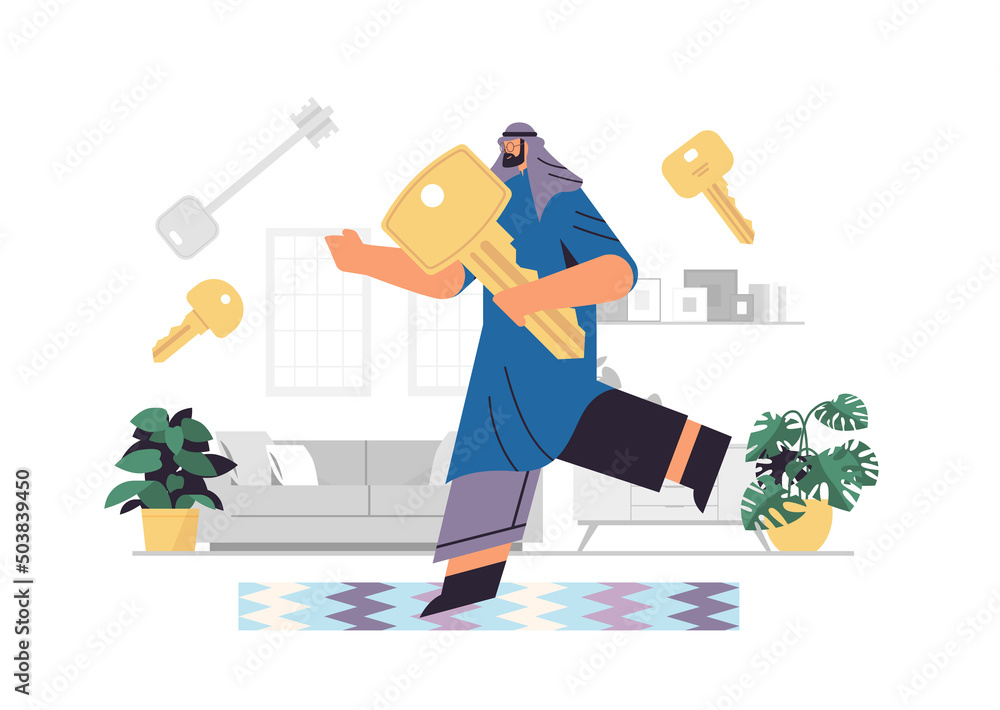 Fototapeta premium arab man holding big key buying or renting new apartment house or car vehicle sale real estate rent concept