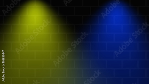 Fototapeta Naklejka Na Ścianę i Meble -  Empty brick wall with the color blue vs yellow neon spotlight. Lighting effect blue yellow color glow on brick wall background. Royalty high-quality free stock of lights blank background for texture