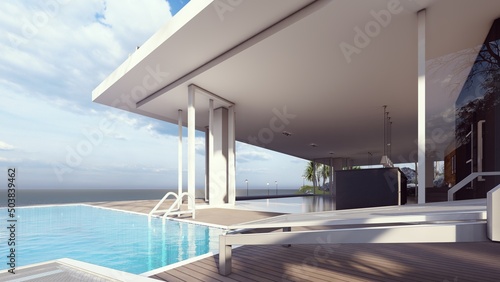 sea view from swimming pool deck in expensive white house architecture design 3d illustration © Arasye