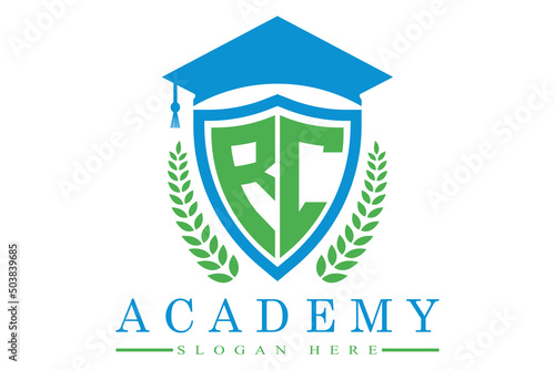 RC two letters academy university college school geometric unique shield logo design, vector template