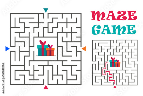 Square maze labyrinth game for kids. logic conundrum. Four entrance and one right way to go. Vector flat illustration