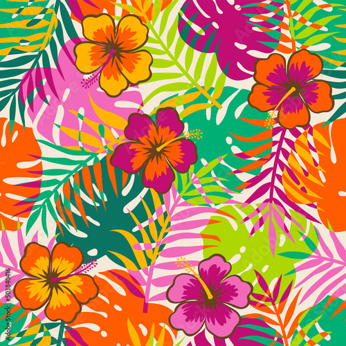 Colorful hibiscus flower with tropical leaf seamless pattern for summer holidays background.