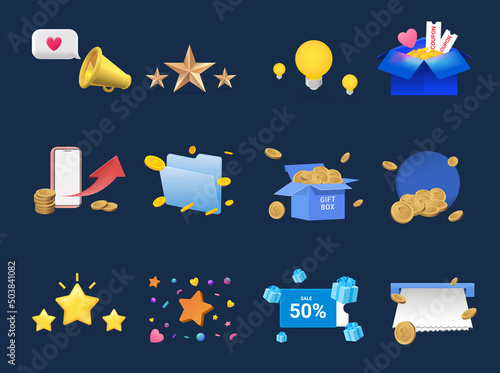 3d art event design illustration set. star, point, phone, Loudspeaker, coin, gift box. Vector drawing. Hand drawn style.