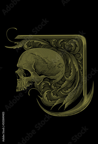 Skull and leaf ornament with angel sword artwork illustration