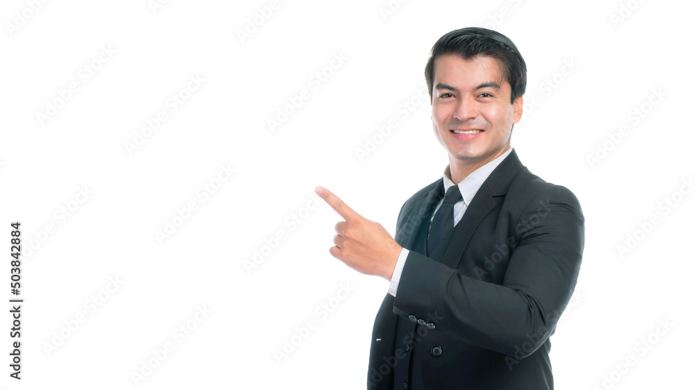 Portrait working Asian business man ware suit with happiness pointing finger to empty copy space , blank space for advertising or product isolated on white background - business concept Portrait working Asian business man ware suit with happiness pointing finger to empty copy space , blank space for advertising or product isolated on white background - business concept