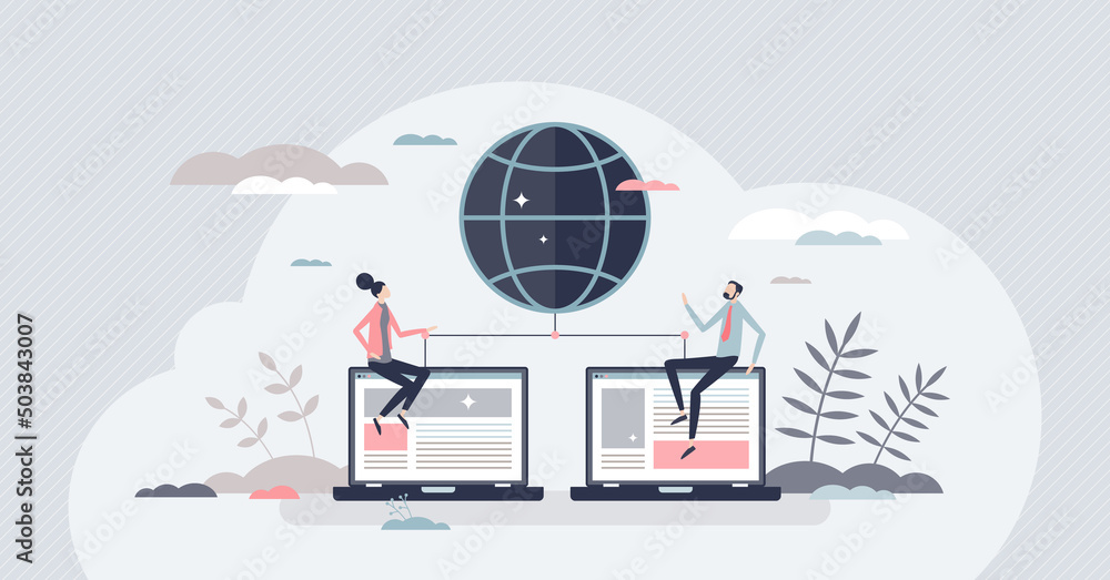 Web network and data hosting for social media connection tiny person concept. User communication using internet cyberspace vector illustration. Shared big data information with linked online servers. - obrazy, fototapety, plakaty 