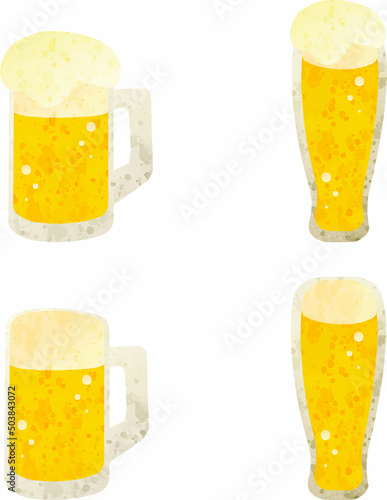 夏　ビール　生ビール　お酒　ジョッキ　グラス　水彩　手描き　アナログタッチ　イラストセット