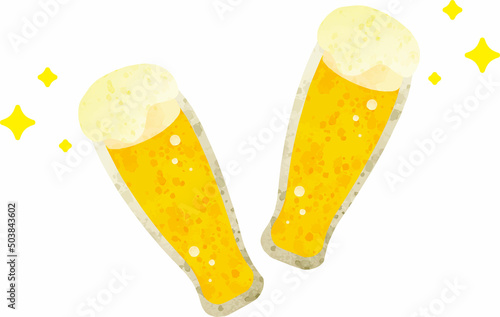 水彩　手描き　アナログタッチ　夏　ビール　グラスビール　アルコール　ドリンク　飲み物　乾杯　イラスト素材