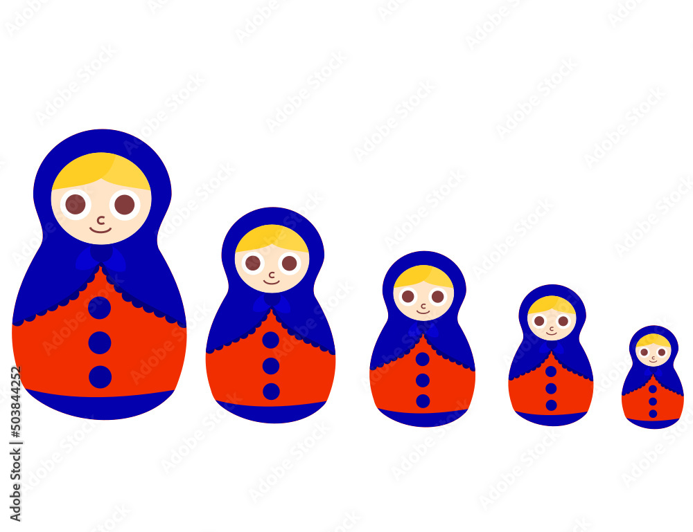 Set of russian nesting dolls isolated on white background.Happy holiday.Matryoshka concept.Day of Russia.June 12.Sign, symbol, icon or logo.Cartoon vector illustration.Flat design. Set of russian nesting dolls isolated on white background.Happy holiday.Matryoshka concept.Day of Russia.June 12.Sign, symbol, icon or logo.Cartoon vector illustration.Flat design.