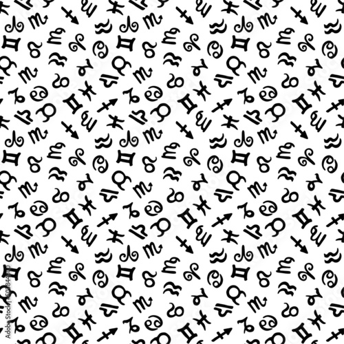 Chaotic black and white seamless pattern vector. Black hand-drawn astrology symbols isolated on white surface design. Cartoon monochrome endless texture vector