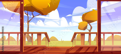 House wooden porch and view to autumn landscape of backyard or garden. Vector cartoon illustration of fall countryside with orange trees, bushes, and terrace with staircase and glass walls