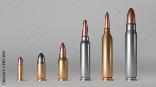 Bullet cartridges, ammunition for gun, rifle, pistol and firearm weapons. Vector realistic set of 3d brass, copper and metal ammo, slugs and shells different calibers