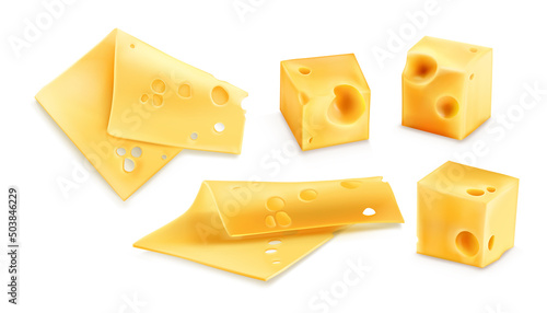 Cheese 3d realistic vector illustration. Cube or chunk and thin square slices of cheez, cheddar with holes, holland or swiss food, set icons isolated on white background