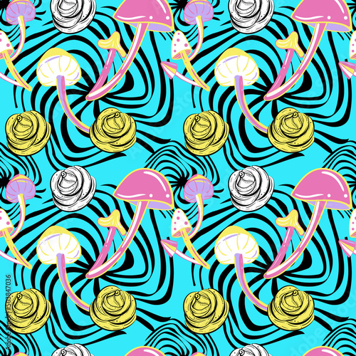 Psychedelic wonderland pattern. Rave party, trance music. Alice in wonderland motifs. 