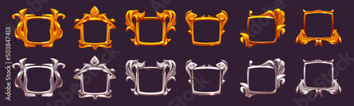Empty gold and silver frames of award labels for first and second place in game. Vector set of cartoon golden and metal decorative borders of square buttons isolated on background