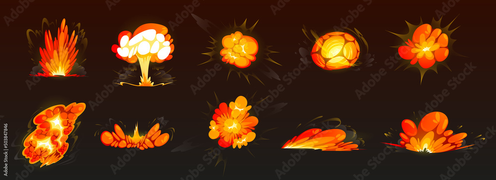 Bomb explosions, fire bursts and atomic mushroom cloud isolated on black background. Vector cartoon set of blasts with flame and flash from dynamite, nuclear weapon or rocket - obrazy, fototapety, plakaty 