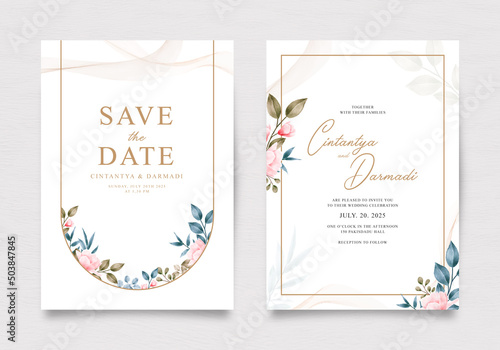 Wedding invitation template set with beautiful watercolor floral
