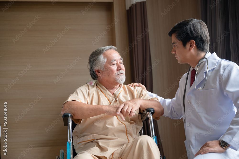 Fototapeta premium senior elderly patient person visit doctor for health care checkup at hospital, health insurance medical care concept, old man having disease and making medicine help support by nurse at clinic
