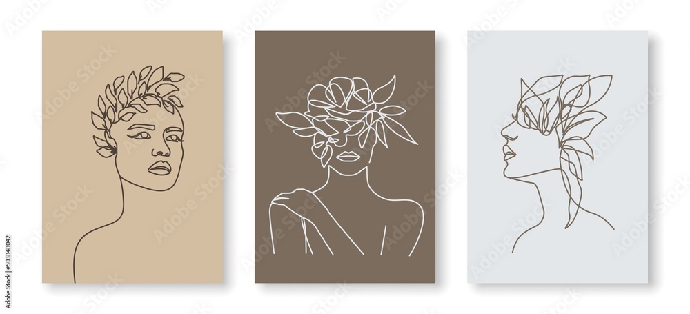 Woman Face In Flowers Line Art Drawing Set. Woman Head with Flowers One Line Drawing Prints. Elegant Female Sketch Poster with Minimalist Girl Portrait Illustration Print. Vector EPS 10 
