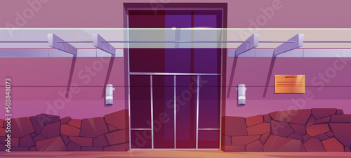 Business center, office building entrance with double doors and glass canopy. Vector cartoon illustration of modern city architecture exterior with stone tile on wall and gold building name plate