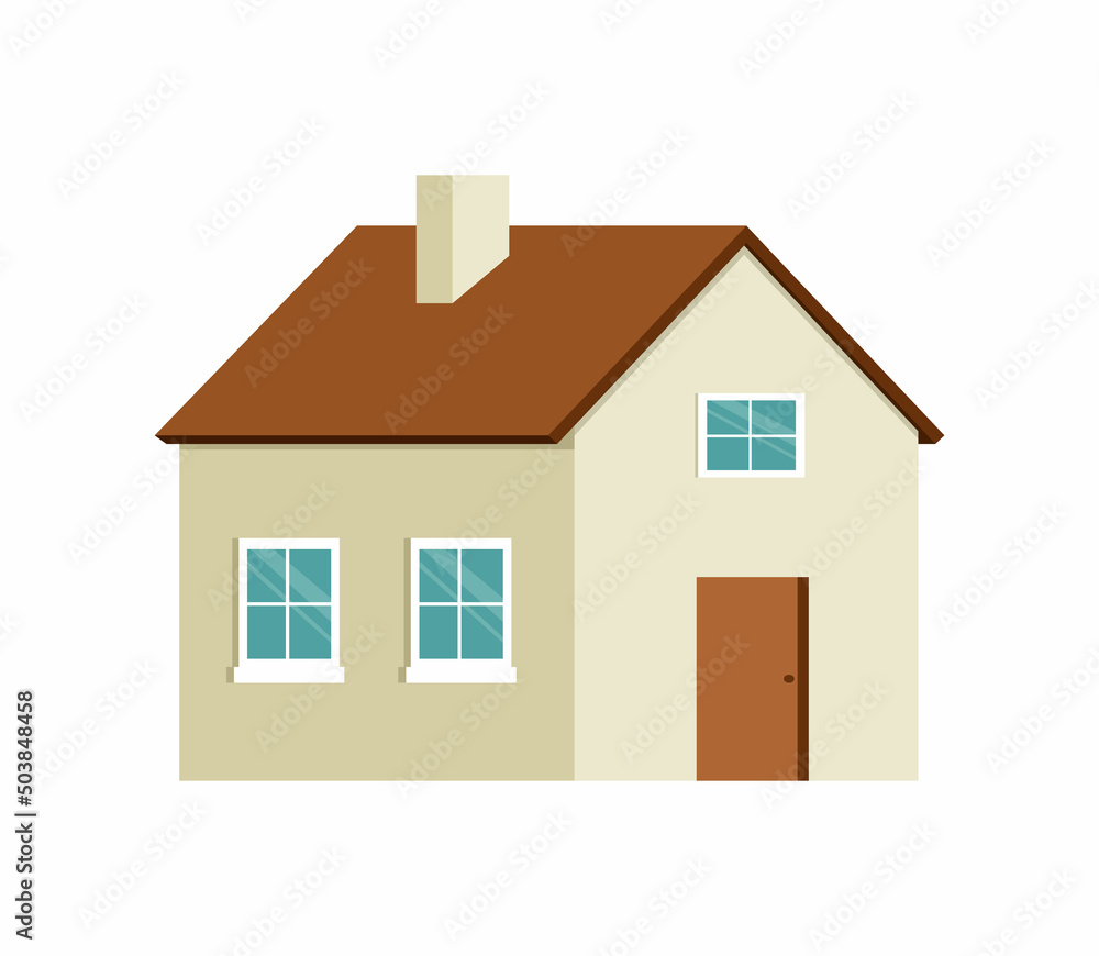 Vector illustration of cartoon house isolated on white background. Flat simple rustic house with brown roof and chimney. Vector illustration of cartoon house isolated on white background. Flat simple rustic house with brown roof and chimney.