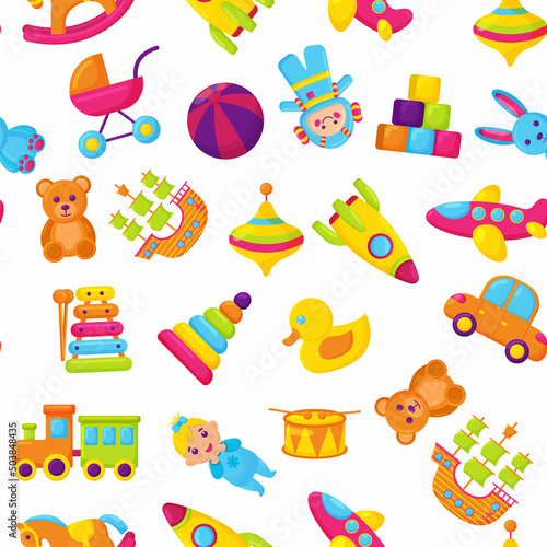 Seamless toy pattern with cars, teddy bears, bunnies, sailboats and balls. Baby background. Vector illustration in cartoon