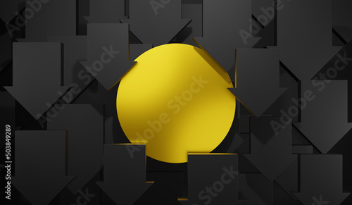 黒い背景にたくさんの黒い下矢印の図形。コピースペースを設けた金色の円図形。ブラックフライデーの値下げのイメージ画像。	 photo