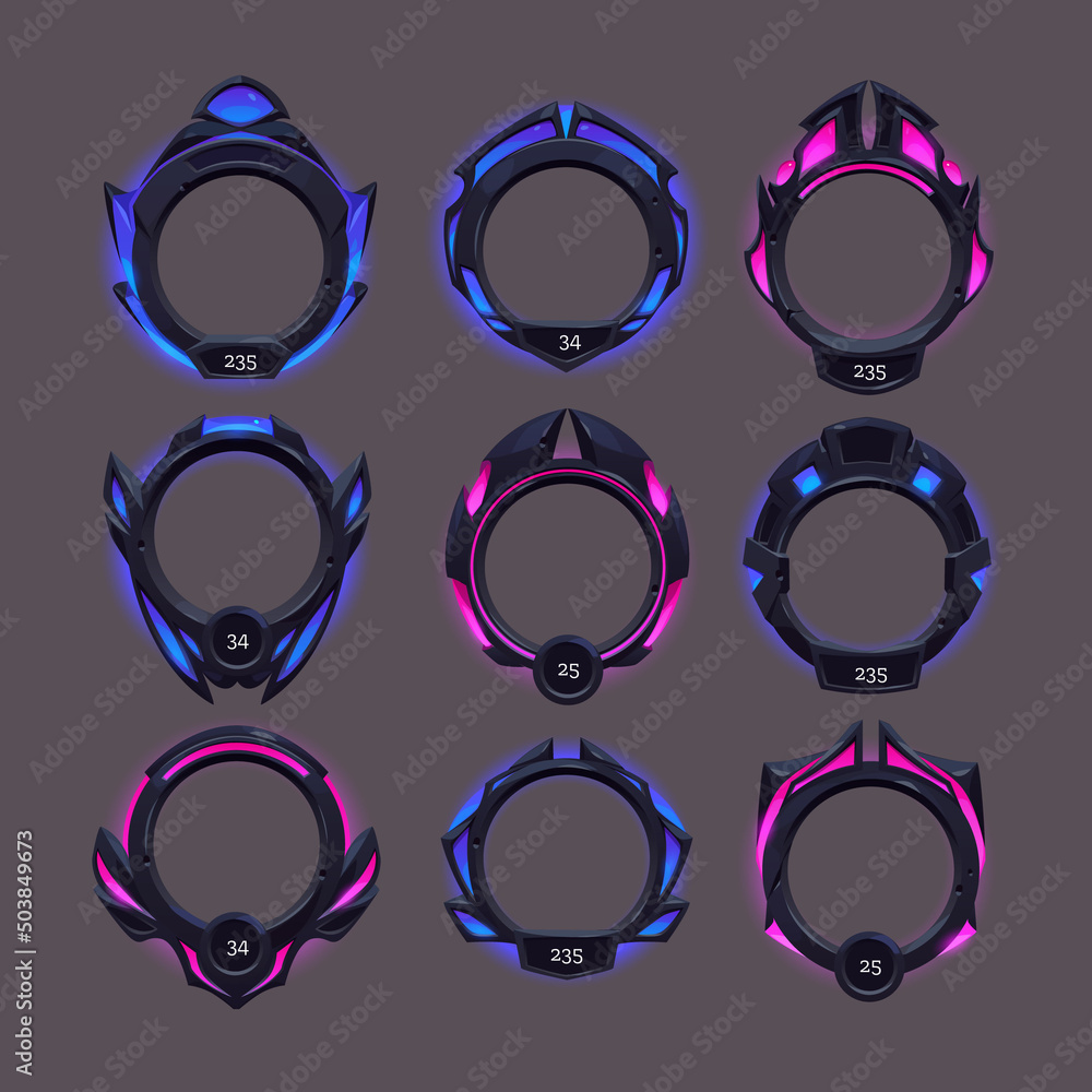 Futuristic frames of black metal border for avatar in game interface with level or grade. Vector cartoon set of gui elements in sci fi style, empty frames with blue and pink glow - obrazy, fototapety, plakaty 