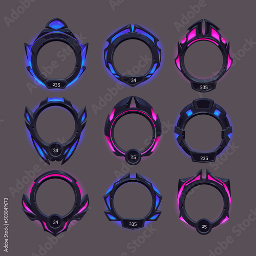 Futuristic frames of black metal border for avatar in game interface with level or grade. Vector cartoon set of gui elements in sci fi style, empty frames with blue and pink glow