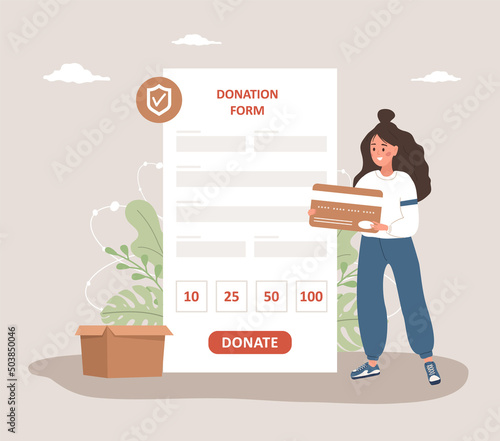 Online donation form. Volunteer woman donating money and paying with credit card. Financial charity for homeless and poor people. Fundraising concept. Vector illustration in flat cartoon style.