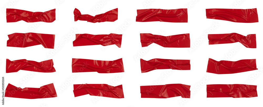 Fototapeta premium Red wrinkled adhesive tape isolated on white background. Red Sticky scotch tape of different sizes. Vector illustration.