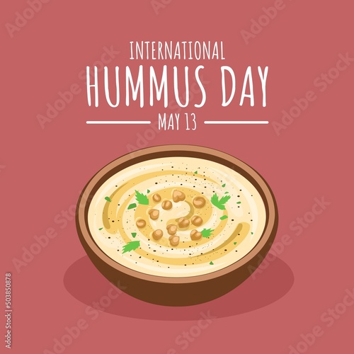 Top view of hummus, isolated on red background, as international hummus day template. vector illustration.