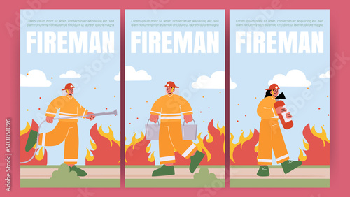 Fireman banners with professional fire fighters with water hose and ladder. Vector vertical posters with flat illustration of fire brigade, man and woman in helmet and safety costume rescues kid