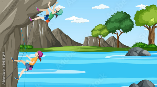 Outdoor scene with rock climber on cliff