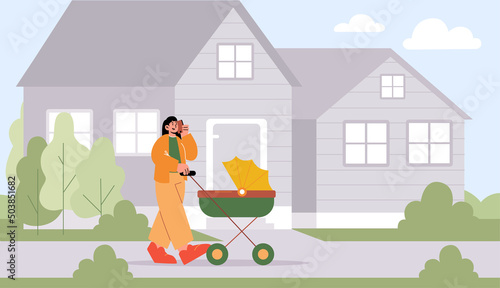Woman walk with baby carriage. Mother push stroller with newborn child and talk on mobile phone. Vector flat illustration of family, maternity, parenthood concept. Mom walking with infant in pram