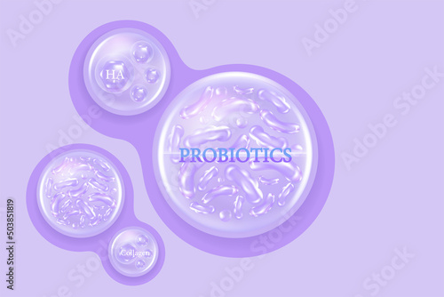 Probiotics and Hyaluronic acid skin solutions ad, purple vitamins serum drop with cosmetic advertising background ready to use, illustration vector.	