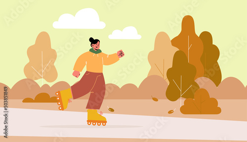 Girl ride on roller skates in autumn park. Vector flat illustration of fall landscape with orange trees, road and young woman on rollerskates. Concept of healthy lifestyle, outdoor sport activity