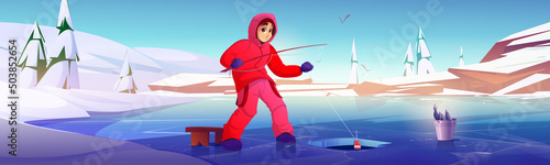 Man with rod on ice fishing. Concept of winter hobby and recreation. Vector cartoon illustration of mountain landscape with frozen lake or river, white snow and fisherman