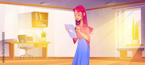 Interior designer draw on digital tablet in office. Vector cartoon illustration of woman decorator or creative artist in room with computer on table, chair and shelf with books