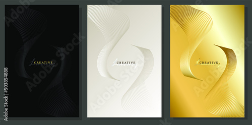 Luxury gold design covers. Abstract geometry, golden guilloche curved lines, on black, platinum, gold background. Brochure, elegant pattern, lux template.