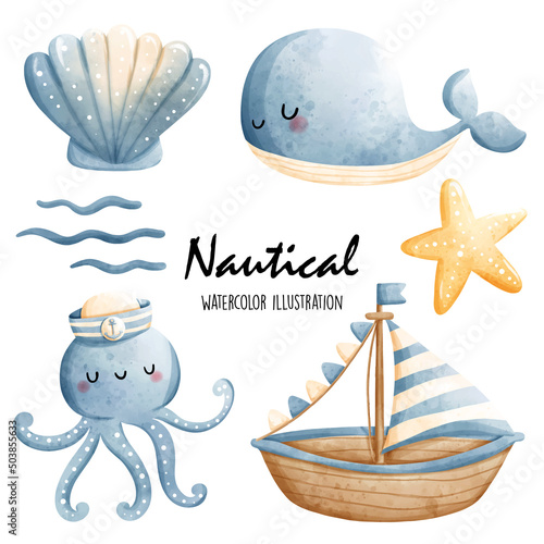 Watercolor nautical, ocean. Vector illustration