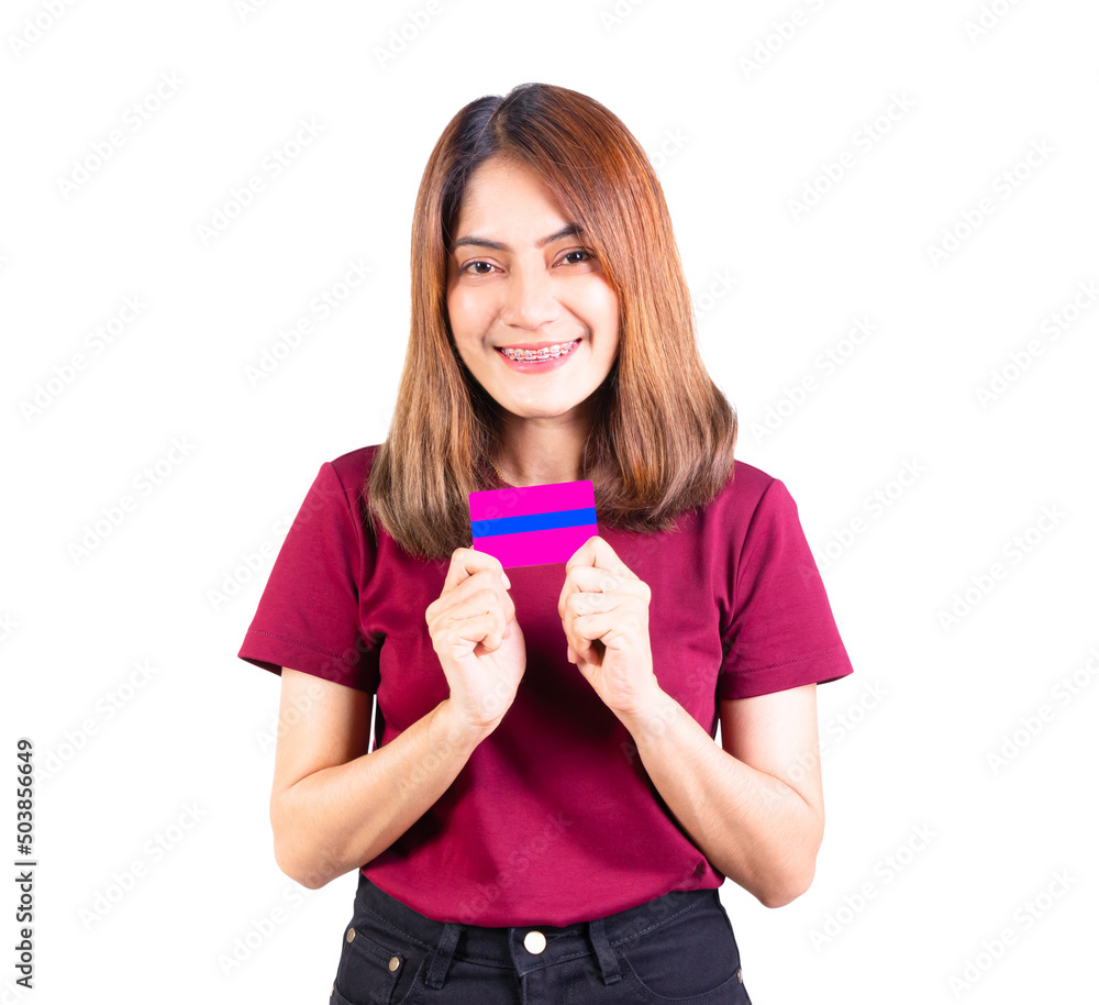 Woman hold credit card for payment smile happy isolated on white background Woman hold credit card for payment smile happy isolated on white background