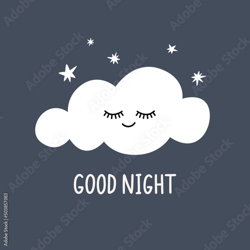 Cute sleeping cloud, stars. Funny print, sticker, card Good Night.